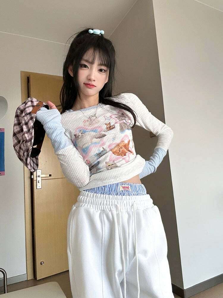 Kawaii Cat Print Long Sleeve Tee - Y2K Summer, 90s Grunge, Retro, Pastel Goth, Y2K Fashion