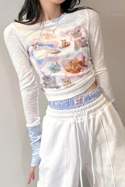 Kawaii Cat Print Long Sleeve Tee - Y2K Summer, 90s Grunge, Retro, Pastel Goth, Y2K Fashion