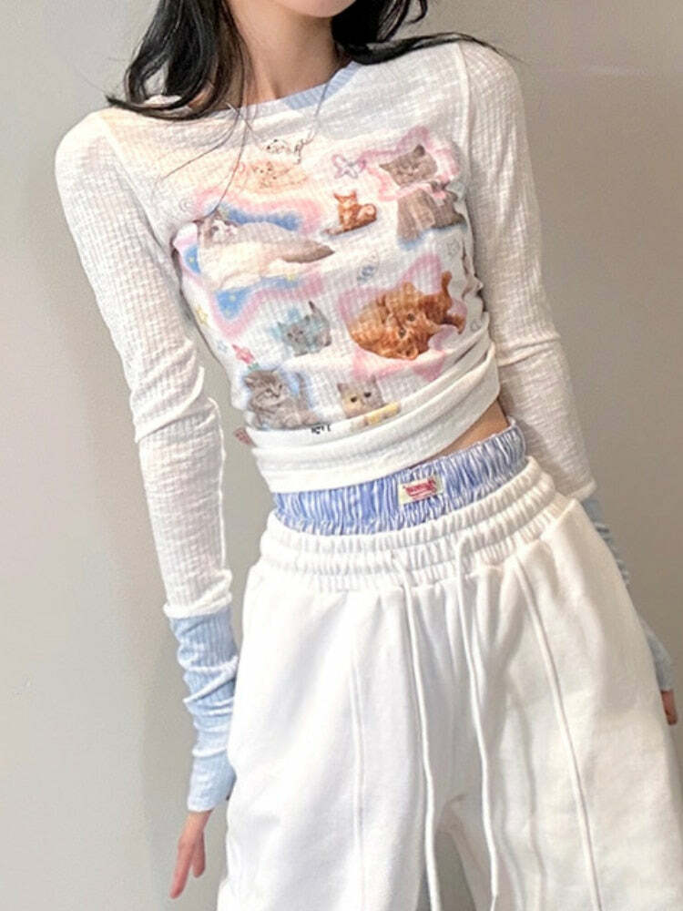 Kawaii Cat Print Long Sleeve Tee - Y2K Summer, 90s Grunge, Retro, Pastel Goth, Y2K Fashion
