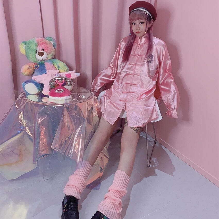 Kawaii Chinese Pink Satin Loungewear Set - Y2K Summer, 90s Grunge, Retro, Pastel Goth Outfits
