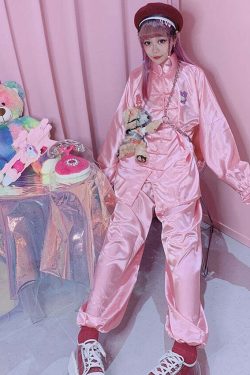 Kawaii Chinese Pink Satin Loungewear Set - Y2K Summer, 90s Grunge, Retro, Pastel Goth Outfits