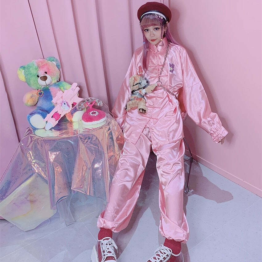 Kawaii Chinese Pink Satin Loungewear Set - Y2K Summer, 90s Grunge, Retro, Pastel Goth Outfits