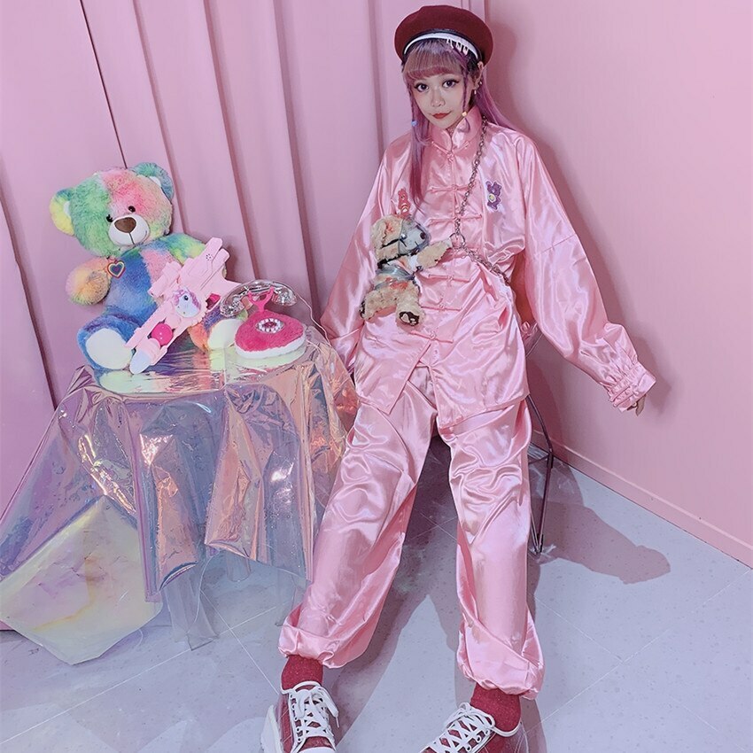 Kawaii Chinese Pink Satin Loungewear Set - Y2K Summer, 90s Grunge, Retro, Pastel Goth Outfits