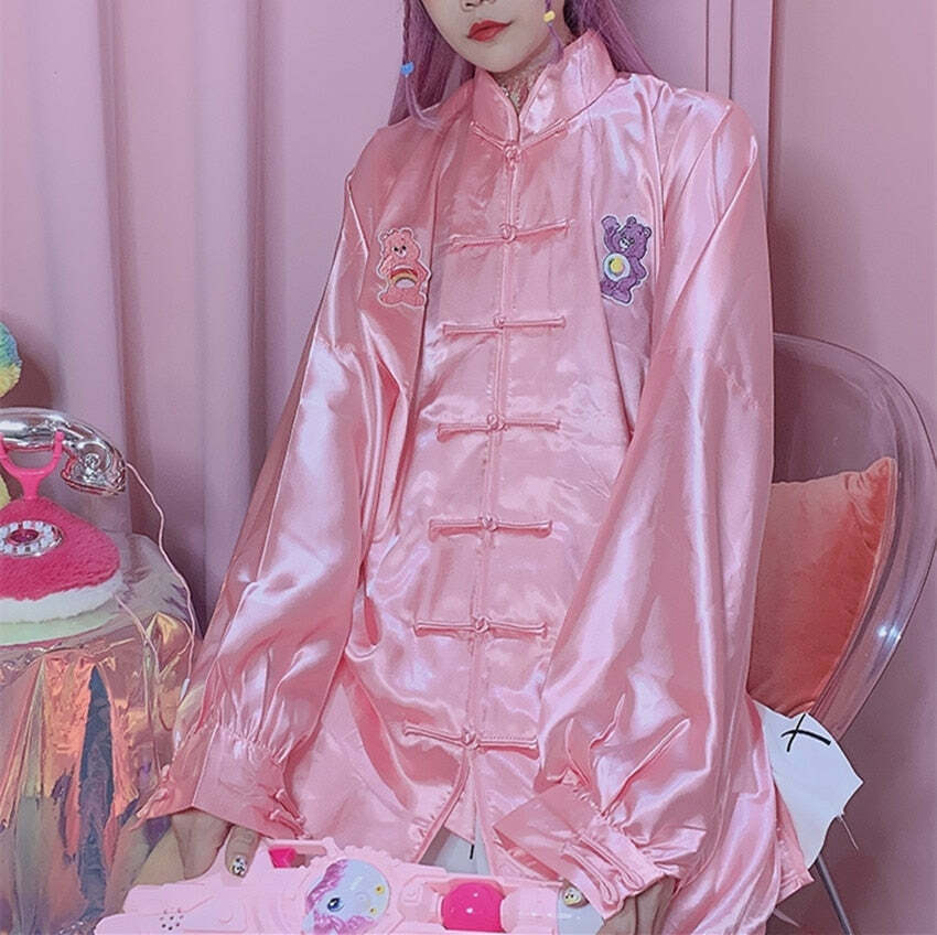 Kawaii Chinese Pink Satin Loungewear Set - Y2K Summer, 90s Grunge, Retro, Pastel Goth Outfits