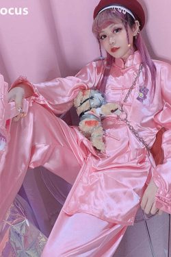 Kawaii Chinese Pink Satin Loungewear Set - Y2K Summer, 90s Grunge, Retro, Pastel Goth Outfits