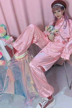 Kawaii Chinese Pink Satin Loungewear Set - Y2K Summer, 90s Grunge, Retro, Pastel Goth Outfits