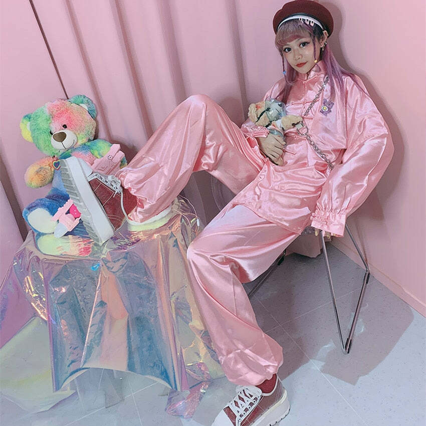 Kawaii Chinese Pink Satin Loungewear Set - Y2K Summer, 90s Grunge, Retro, Pastel Goth Outfits