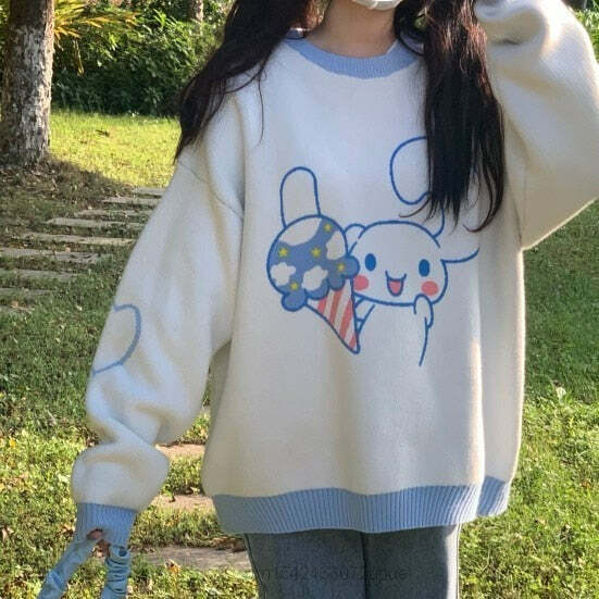 Kawaii Cinnamoroll Lovely Sweater - White Blue Y2K Grunge 90s Retro Summer Outfit