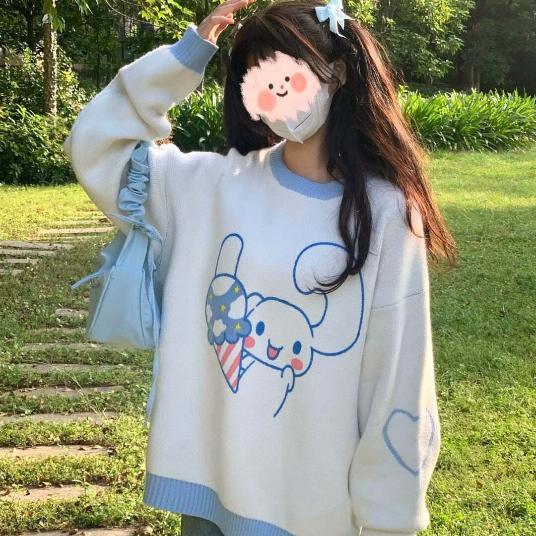 Kawaii Cinnamoroll Lovely Sweater - White Blue Y2K Grunge 90s Retro Summer Outfit