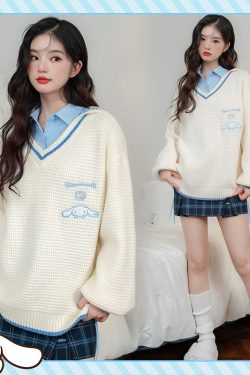 Kawaii Cinnamoroll V-Neck Sweater - Y2K Summer, 90s Grunge, Retro Pastel Goth, Y2