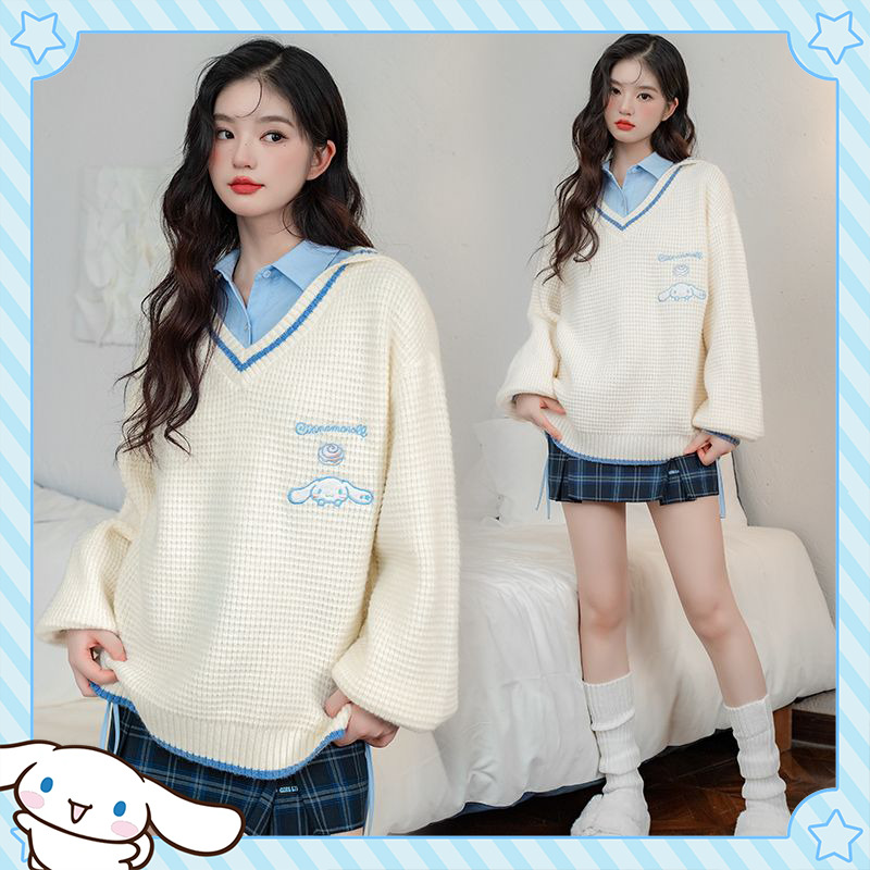 Kawaii Cinnamoroll V-Neck Sweater - Y2K Summer, 90s Grunge, Retro Pastel Goth, Y2