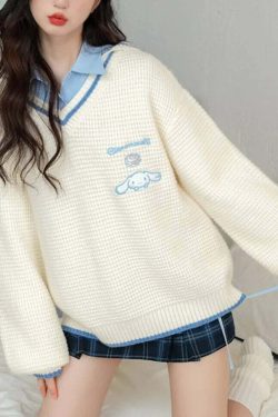 Kawaii Cinnamoroll V-Neck Sweater - Y2K Summer, 90s Grunge, Retro Pastel Goth, Y2