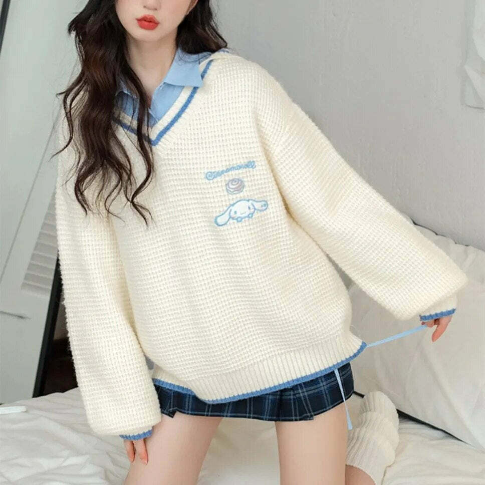 Kawaii Cinnamoroll V-Neck Sweater - Y2K Summer, 90s Grunge, Retro Pastel Goth, Y2