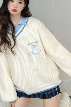 Kawaii Cinnamoroll V-Neck Sweater - Y2K Summer, 90s Grunge, Retro Pastel Goth, Y2
