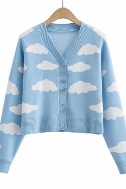 Kawaii Clouds Knitted Cardigan - Y2K Summer, 90s Grunge, Retro Style, Pastel Goth, Y2K Out