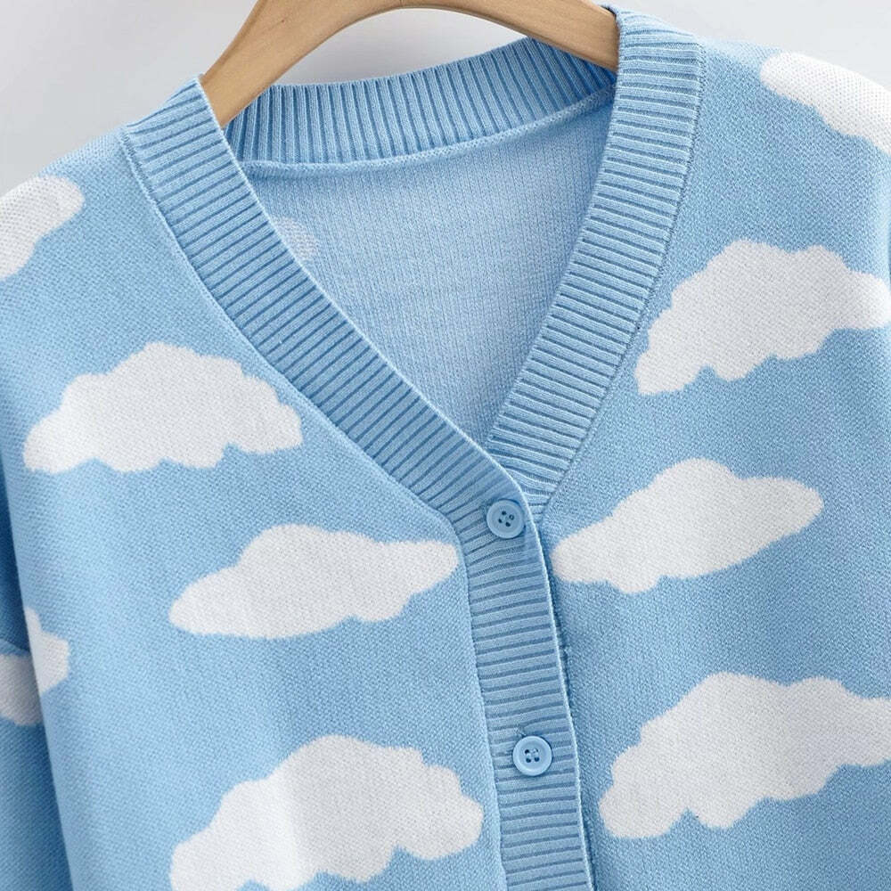 Kawaii Clouds Knitted Cardigan - Y2K Summer, 90s Grunge, Retro Style, Pastel Goth, Y2K Out