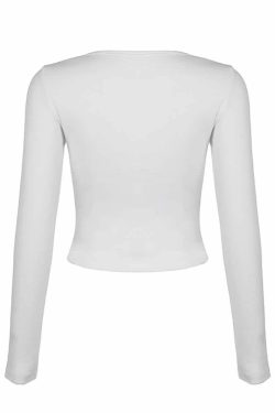 Kawaii Coquette Lace Trim Long Sleeve Crop Top - Y2K Grunge, 90s Fashion, Retro Summer Outfit