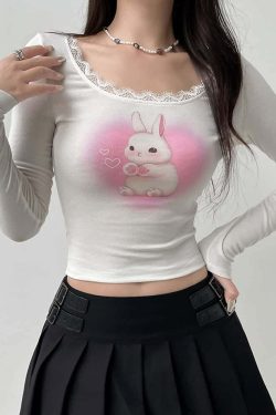 Kawaii Coquette Lace Trim Long Sleeve Crop Top - Y2K Grunge, 90s Fashion, Retro Summer Outfit