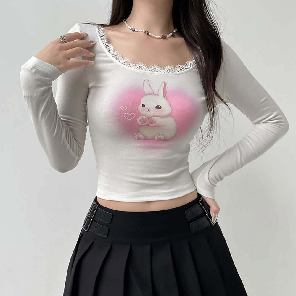 Kawaii Coquette Lace Trim Long Sleeve Crop Top - Y2K Grunge, 90s Fashion, Retro Summer Outfit