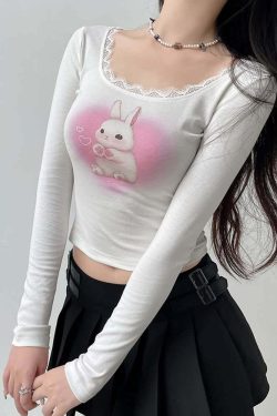 Kawaii Coquette Lace Trim Long Sleeve Crop Top - Y2K Grunge, 90s Fashion, Retro Summer Outfit