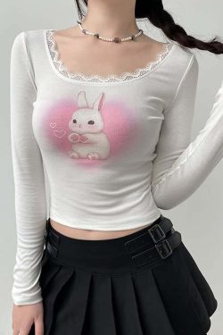 Kawaii Coquette Lace Trim Long Sleeve Crop Top - Y2K Grunge, 90s Fashion, Retro Summer Outfit