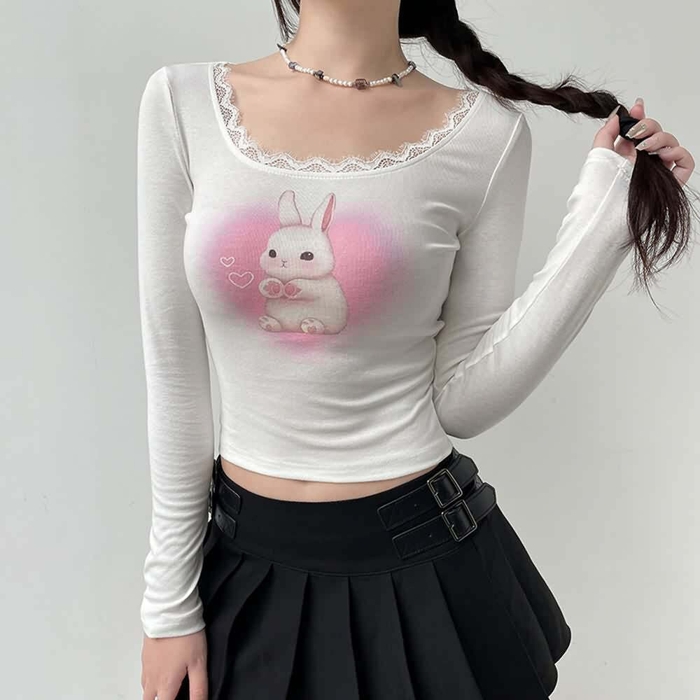 Kawaii Coquette Lace Trim Long Sleeve Crop Top - Y2K Grunge, 90s Fashion, Retro Summer Outfit