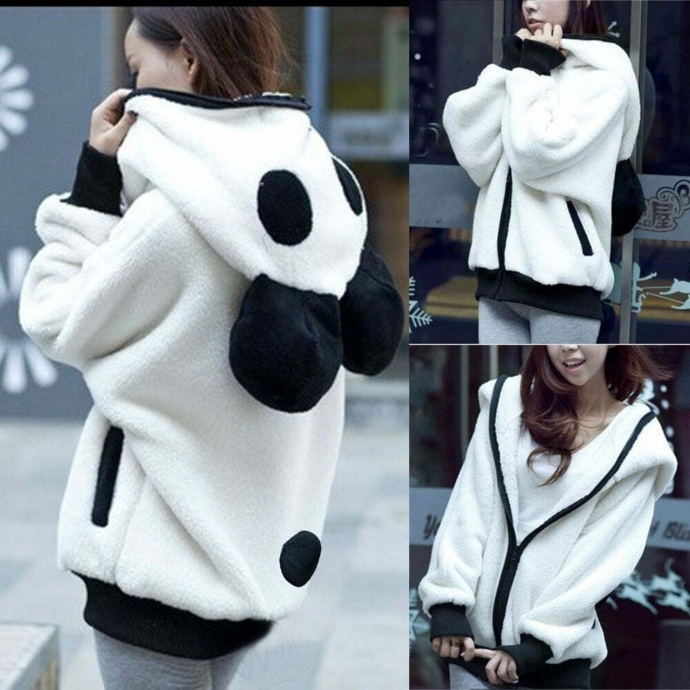 Kawaii Fluffy Panda Hoodie - Y2K Summer Grunge, 90s Retro, Pastel Goth, Y2K Club & Party Out