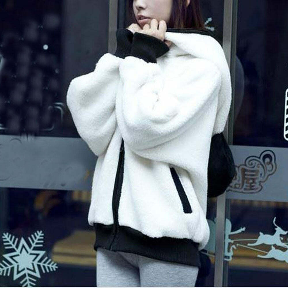 Kawaii Fluffy Panda Hoodie - Y2K Summer Grunge, 90s Retro, Pastel Goth, Y2K Club & Party Out