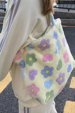 Kawaii Fluffy Soft Floral Handbag - Y2K Summer, 90s Grunge, Retro Style, Pastel Goth, Y2K