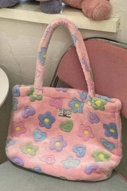 Kawaii Fluffy Soft Floral Handbag - Y2K Summer, 90s Grunge, Retro Style, Pastel Goth, Y2K