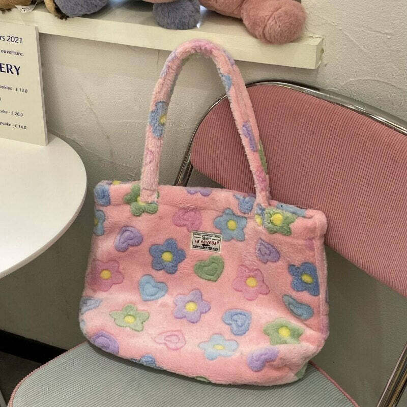 Kawaii Fluffy Soft Floral Handbag - Y2K Summer, 90s Grunge, Retro Style, Pastel Goth, Y2K