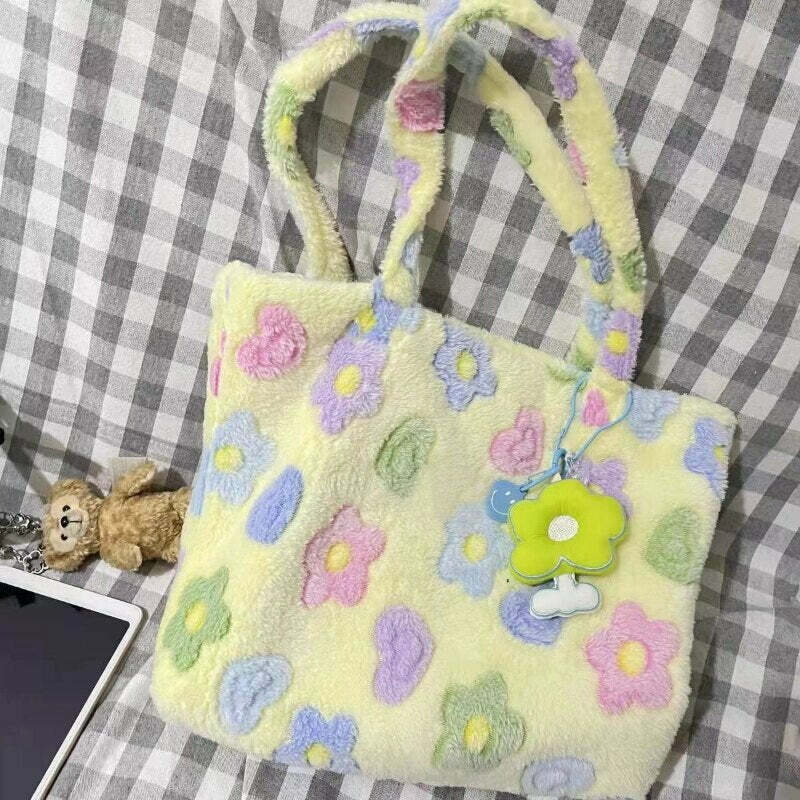 Kawaii Fluffy Soft Floral Handbag - Y2K Summer, 90s Grunge, Retro Style, Pastel Goth, Y2K