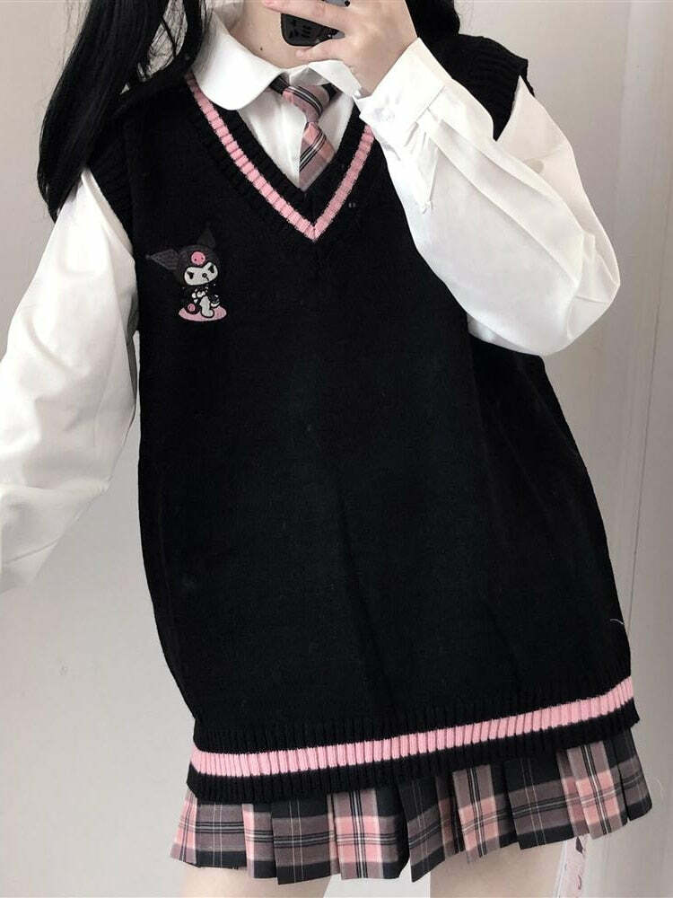 Kawaii Kuromi Black Sweater Vest - Y2K Grunge, 90s Fashion, Retro Style, Pastel Goth Outfits