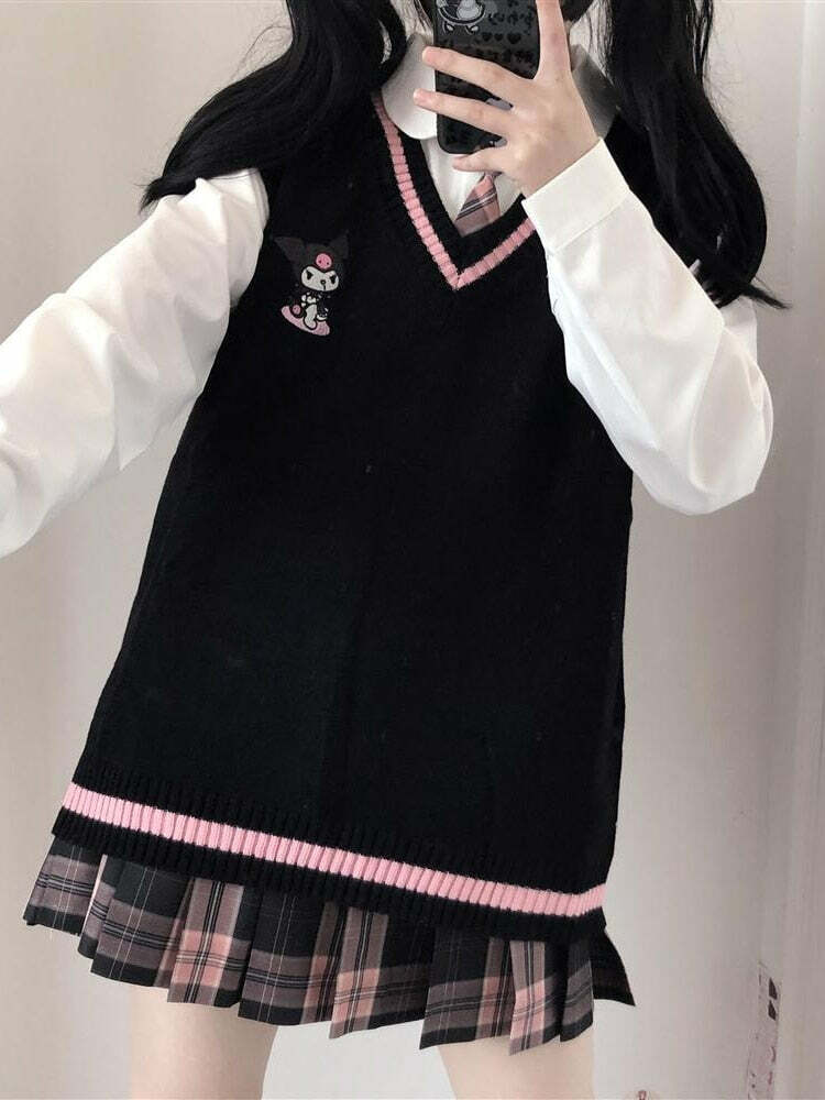Kawaii Kuromi Black Sweater Vest - Y2K Grunge, 90s Fashion, Retro Style, Pastel Goth Outfits