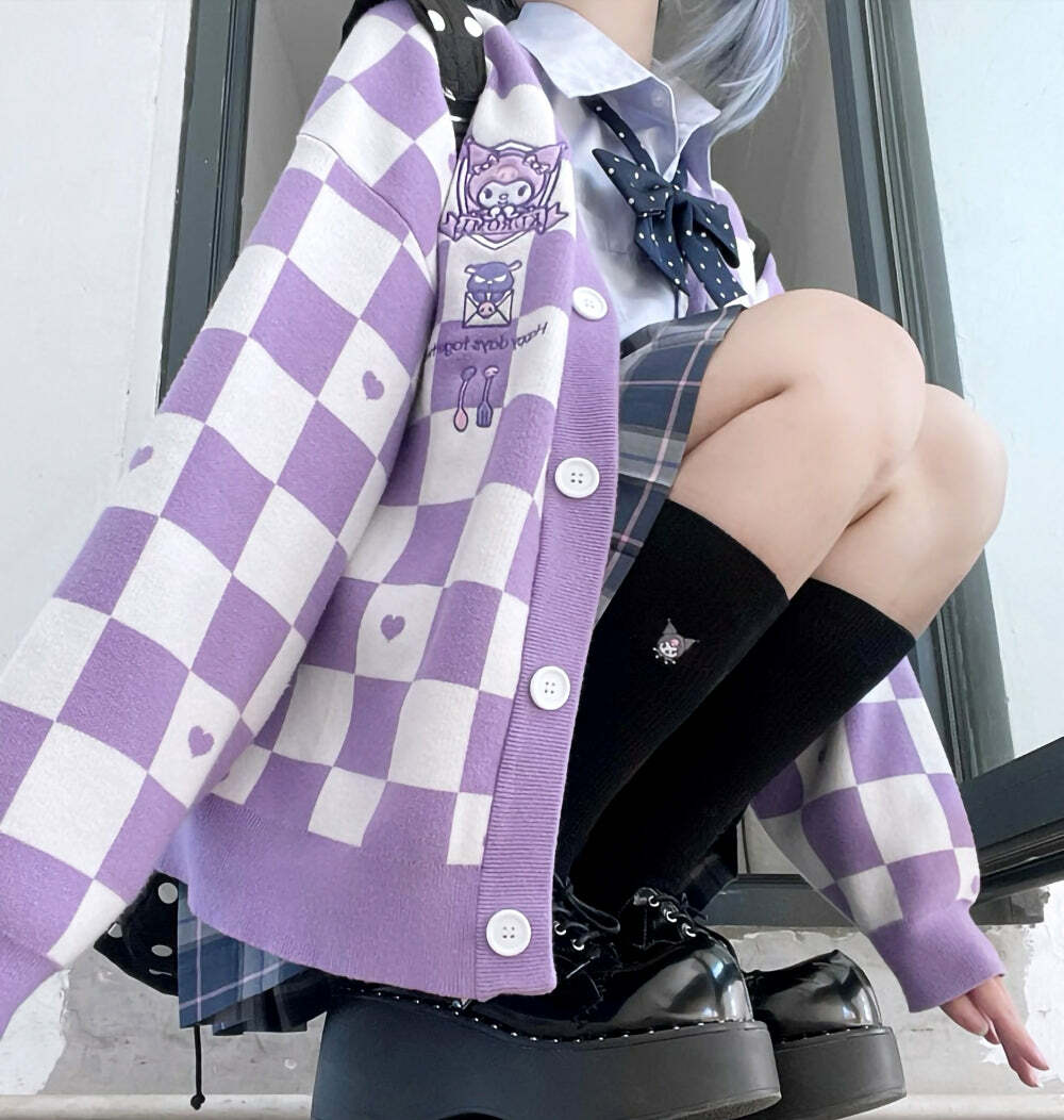 Kawaii Kuromi Purple Cardigan Sweater - Y2K Grunge, 90s Fashion, Retro Summer Outfit