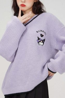 Kawaii Kuromi V-Neck Sweater - Y2K Grunge, 90s Fashion, Retro Style, Pastel Goth, Y