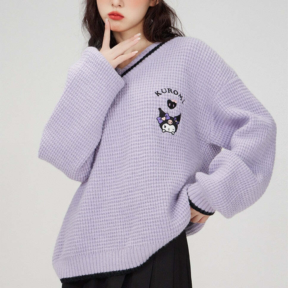 Kawaii Kuromi V-Neck Sweater - Y2K Grunge, 90s Fashion, Retro Style, Pastel Goth, Y