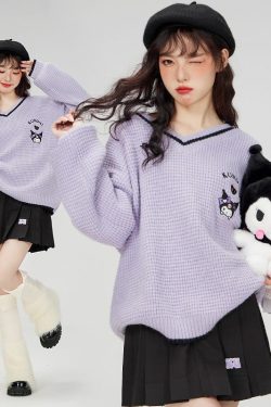 Kawaii Kuromi V-Neck Sweater - Y2K Grunge, 90s Fashion, Retro Style, Pastel Goth, Y