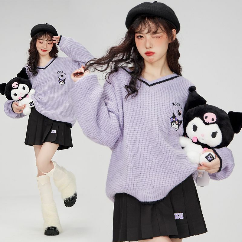 Kawaii Kuromi V-Neck Sweater - Y2K Grunge, 90s Fashion, Retro Style, Pastel Goth, Y