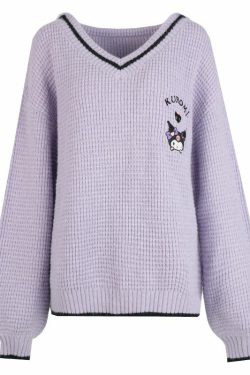 Kawaii Kuromi V-Neck Sweater - Y2K Grunge, 90s Fashion, Retro Style, Pastel Goth, Y