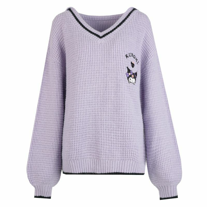 Kawaii Kuromi V-Neck Sweater - Y2K Grunge, 90s Fashion, Retro Style, Pastel Goth, Y