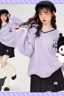 Kawaii Kuromi V-Neck Sweater - Y2K Grunge, 90s Fashion, Retro Style, Pastel Goth, Y