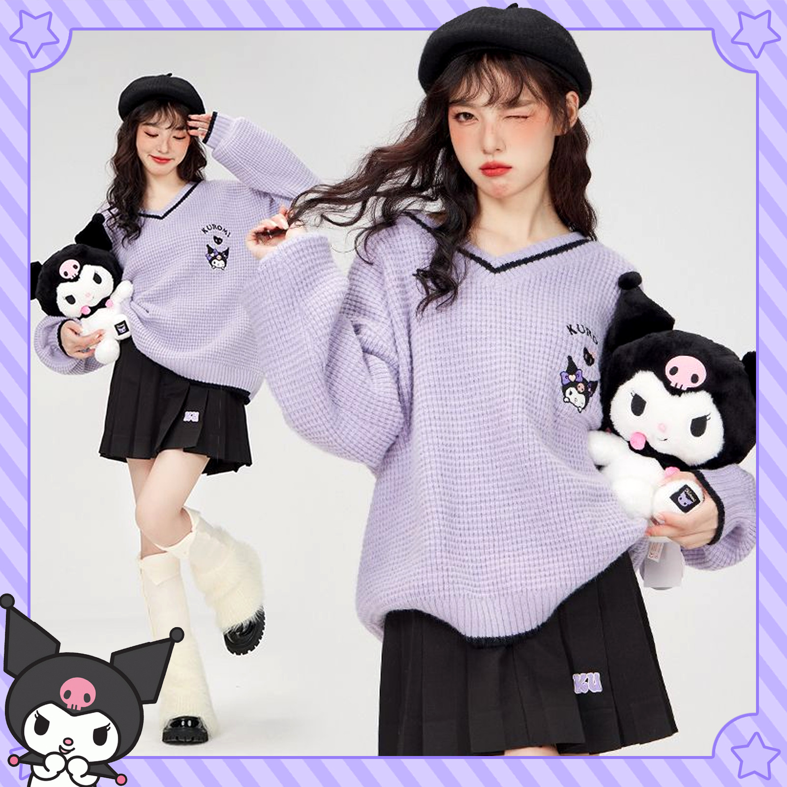 Kawaii Kuromi V-Neck Sweater - Y2K Grunge, 90s Fashion, Retro Style, Pastel Goth, Y