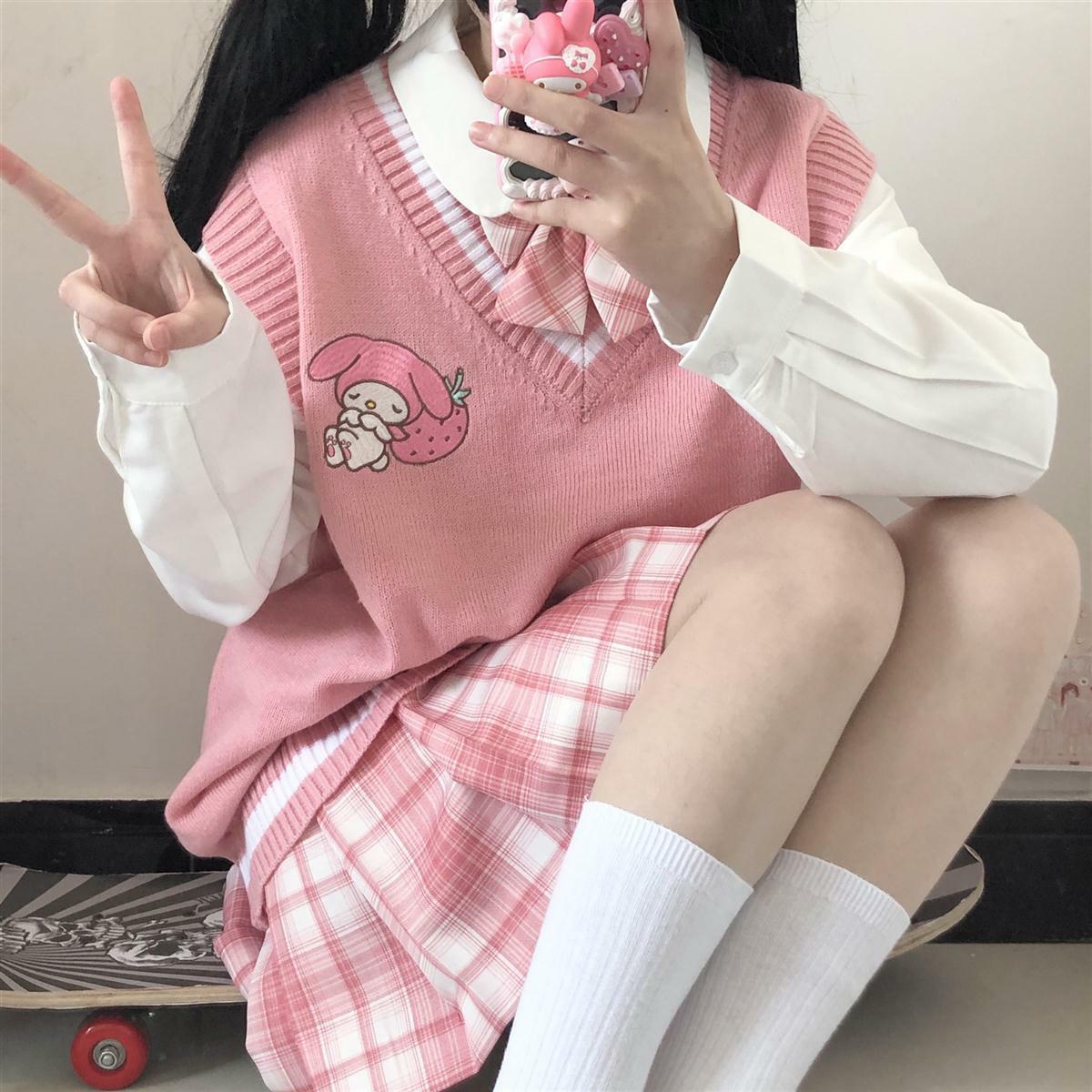 Kawaii My Melody Pink Sweater Vest - Y2K Summer, 90s Grunge, Retro Pastel Goth Fashion