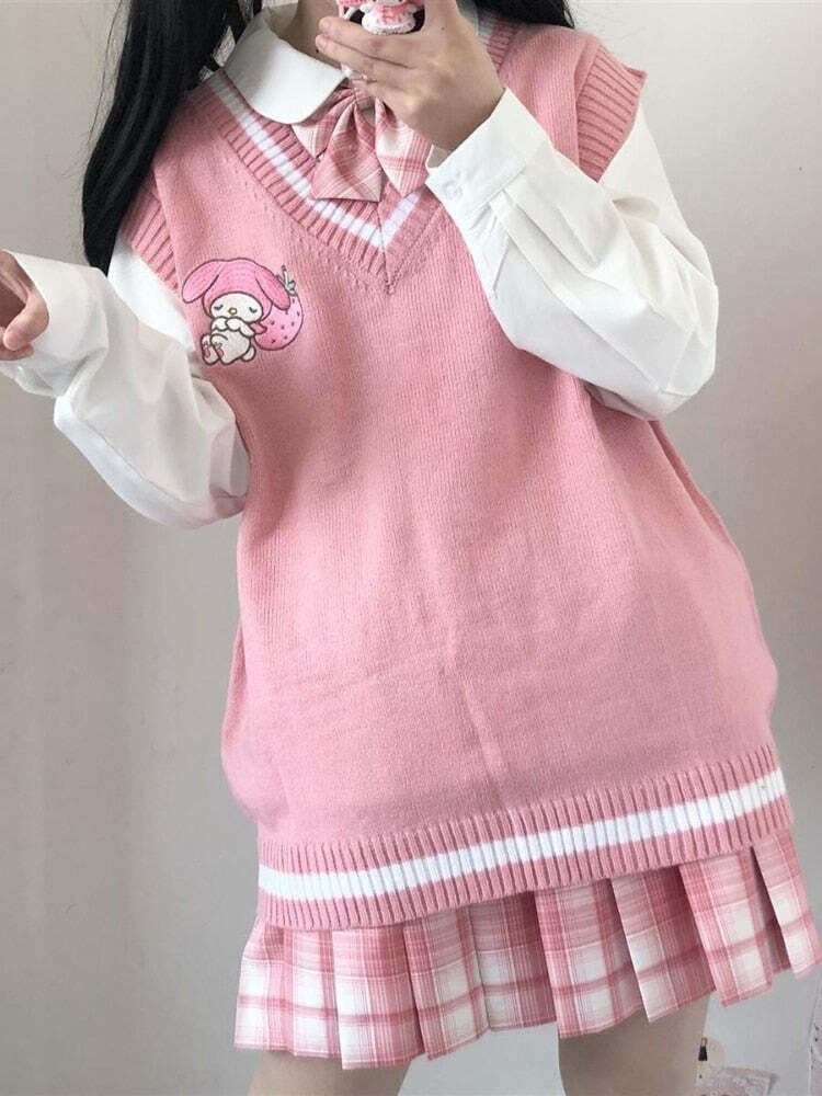 Kawaii My Melody Pink Sweater Vest - Y2K Summer, 90s Grunge, Retro Pastel Goth Fashion