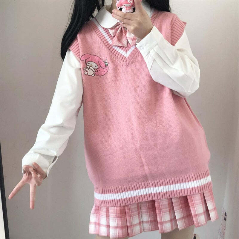 Kawaii My Melody Pink Sweater Vest - Y2K Summer, 90s Grunge, Retro Pastel Goth Fashion