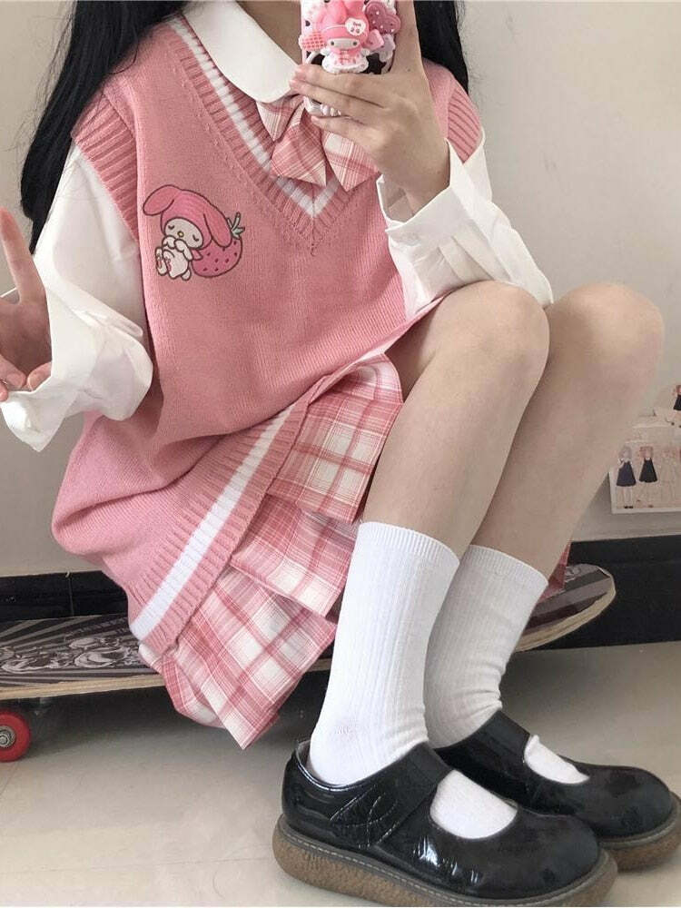 Kawaii My Melody Pink Sweater Vest - Y2K Summer, 90s Grunge, Retro Pastel Goth Fashion