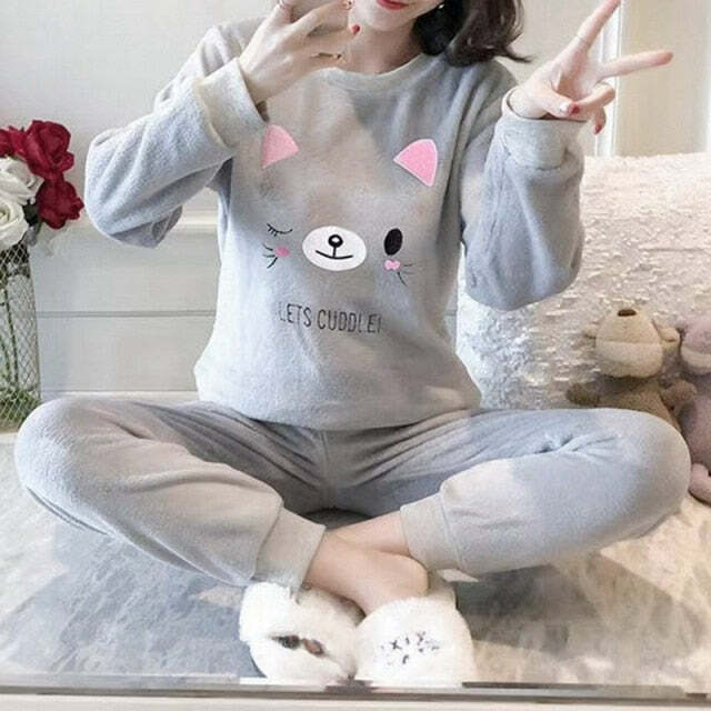 Kawaii Neko Cuddle Cat Pajamas Set - Y2K Summer, 90s Grunge, Retro Style, Pastel Goth Outfits