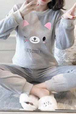 Kawaii Neko Cuddle Cat Pajamas Set - Y2K Summer, 90s Grunge, Retro Style, Pastel Goth Outfits