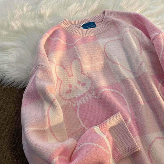 Kawaii Pink Bunny Rabbit Sweater - Y2K Summer, 90s Grunge, Retro Pastel Goth, Y2K Popstar Outfit